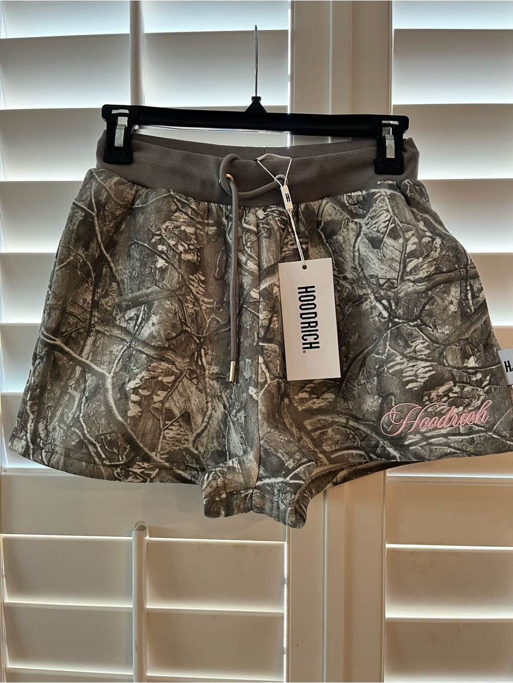 Hoodrich Women's Gray Camo Athletic Shorts with Pink Script Logo